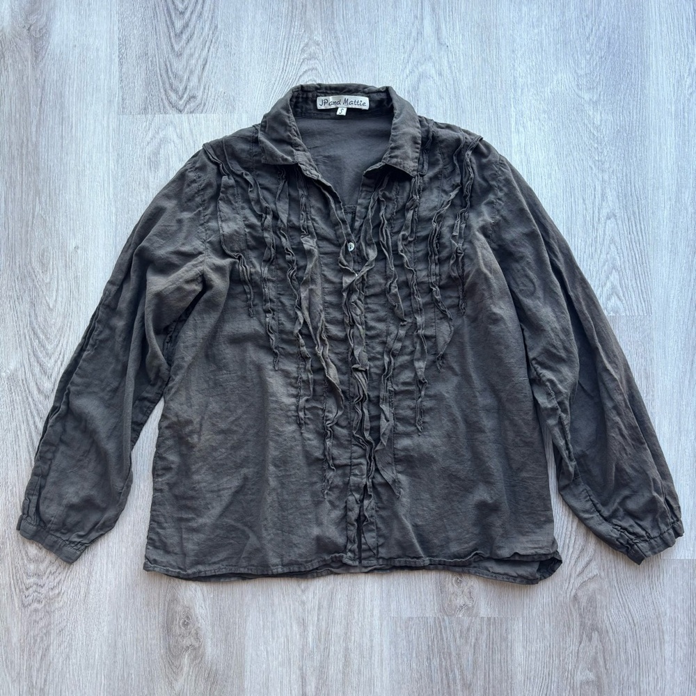 JP and Mattie Dark Olive Green/Brown Top with Ruffles
